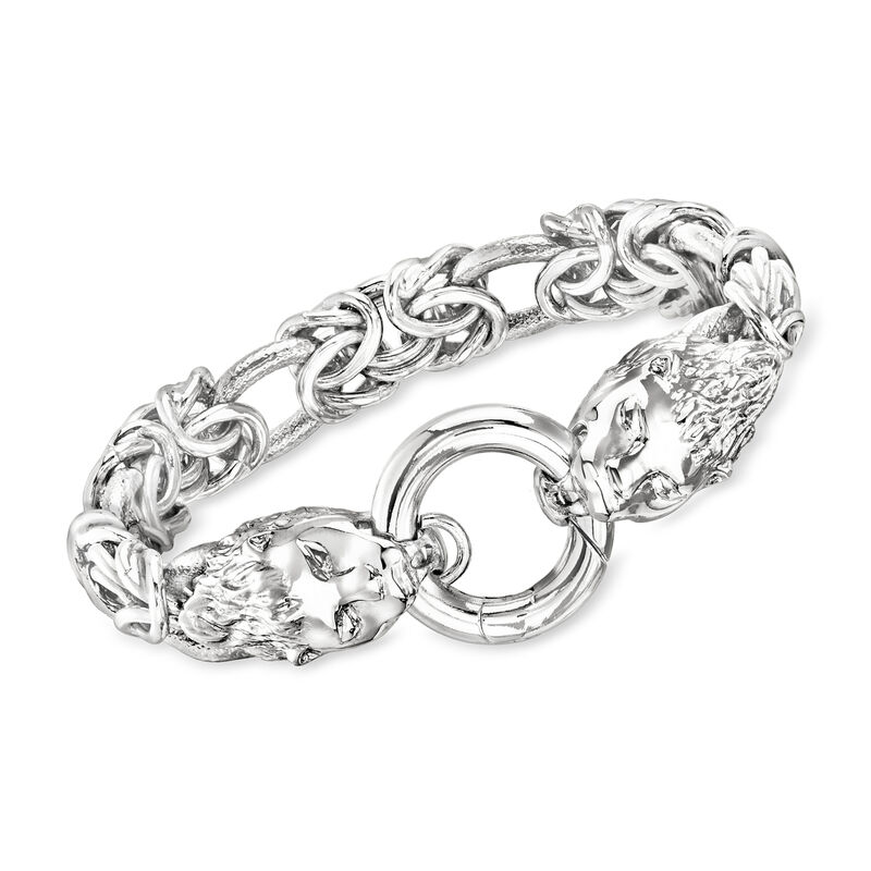 Italian Rhodium-Plated Double Lion Head Byzantine Bracelet image number 0