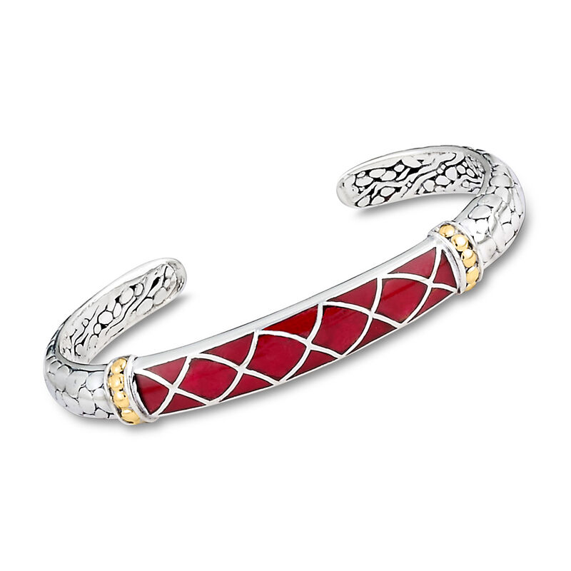 Red Coral Bali-Style Cuff Bracelet in Sterling Silver with 18kt Yellow Gold. 7&quot; image number 0