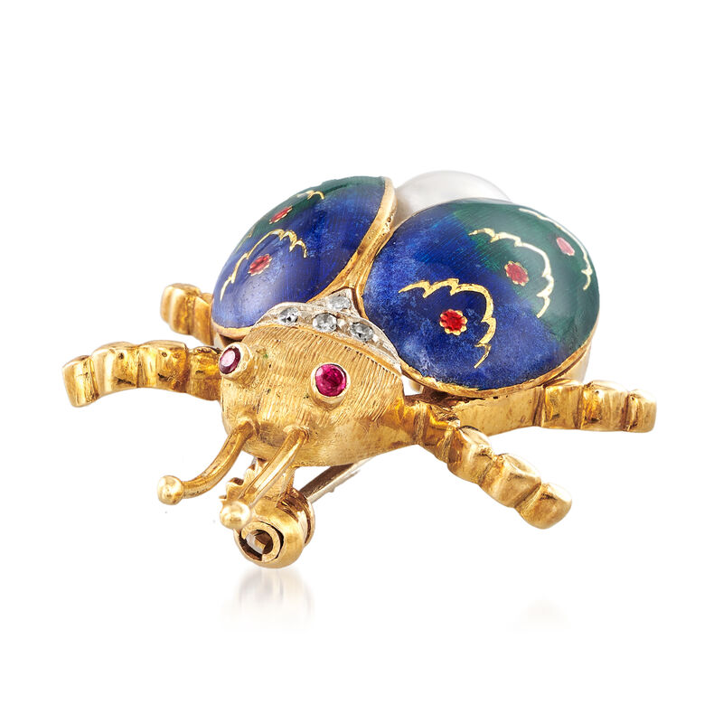 C. 1950 Vintage 8mm Cultured Pearl and Enamel Bug Pin in 18kt Yellow Gold image number 2
