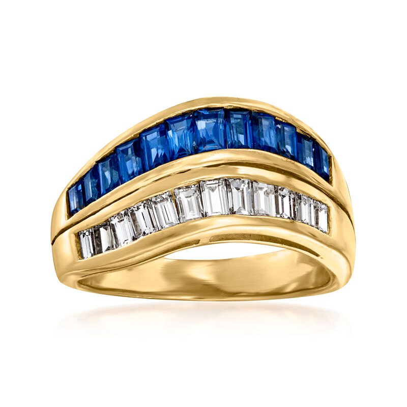 C. 1980 Vintage .96 ct. t.w. Sapphire and .56 ct. t.w. Diamond Wave Ring in 18kt Yellow Gold image number 0
