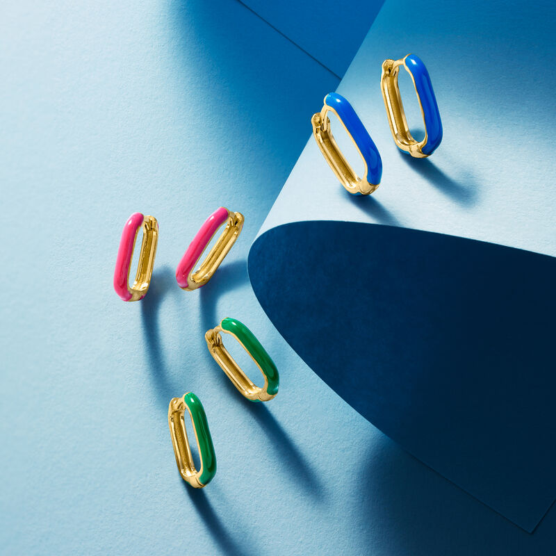 Multicolored Enamel Jewelry Set: Three Pairs of Square Hoop Earrings in 18kt Gold Over Sterling. 1/2&quot; image number 5
