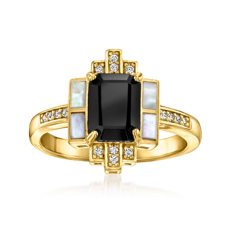 Onyx and Mother-of-Pearl Ring with .10 ct. t.w. White Topaz in 18kt Gold Over Sterling image number 0