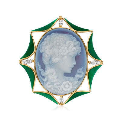 C. 1980 Vintage Blue Agate Cameo Pin/Pendant with .43 ct. t.w. Diamonds and Green Glass in 18kt Yellow Gold