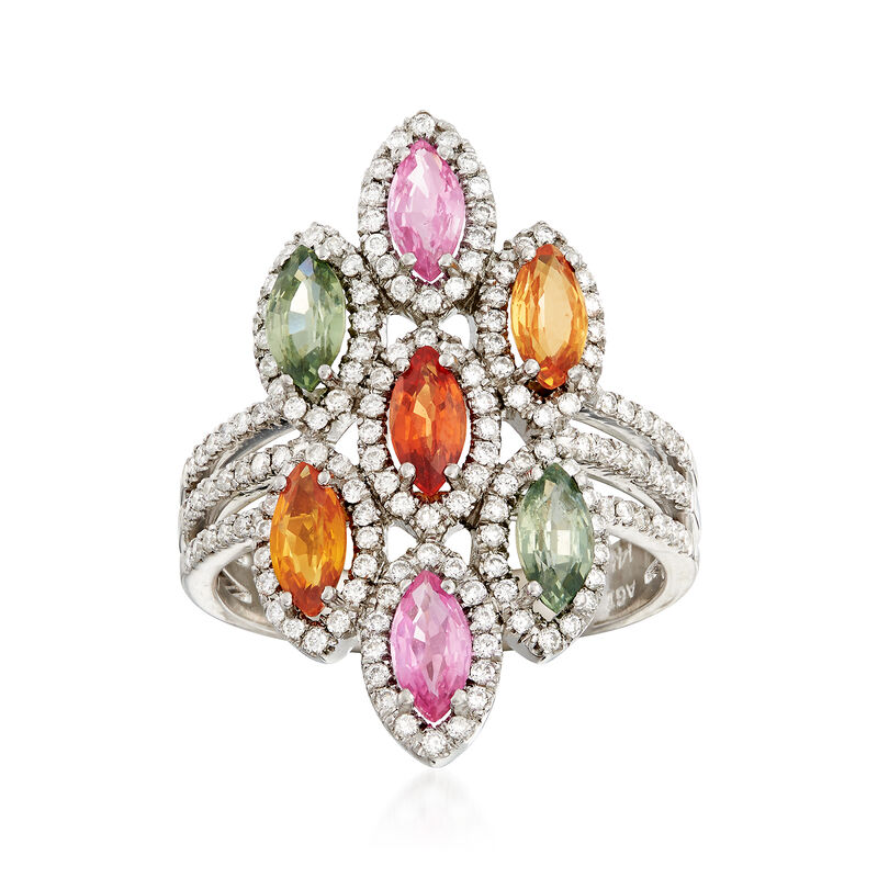 C.1990 Vintage 2.10 ct. t.w. Multicolored Sapphire and .75 ct. t.w. Diamond Ring in 14kt White Gold image number 0