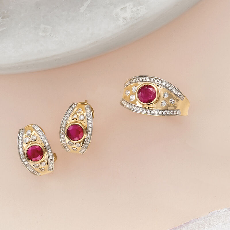 1.20 ct. t.w. Ruby and .24 ct. t.w. Diamond Earrings in 14kt Yellow Gold image number 3