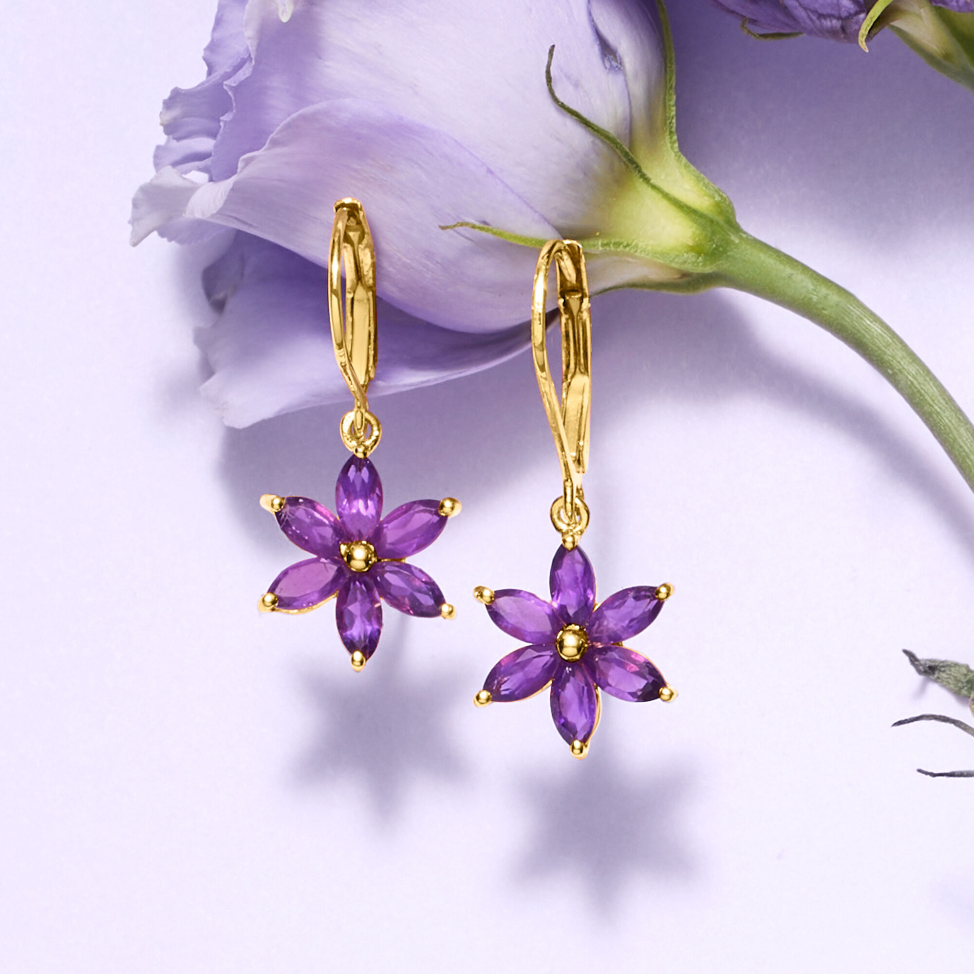 1.60 ct. t.w. Amethyst Flower Drop Earrings in 18kt Gold