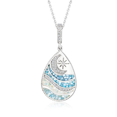 Mother-of-Pearl and .30 ct. t.w. CZ Moon, Star and Waves Pendant Necklace in Sterling Silver