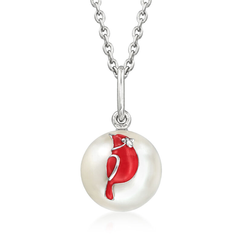 8.5-9mm Cultured Pearl and Red Enamel Cardinal Pendant Necklace in Sterling Silver. 18&quot; image number 1