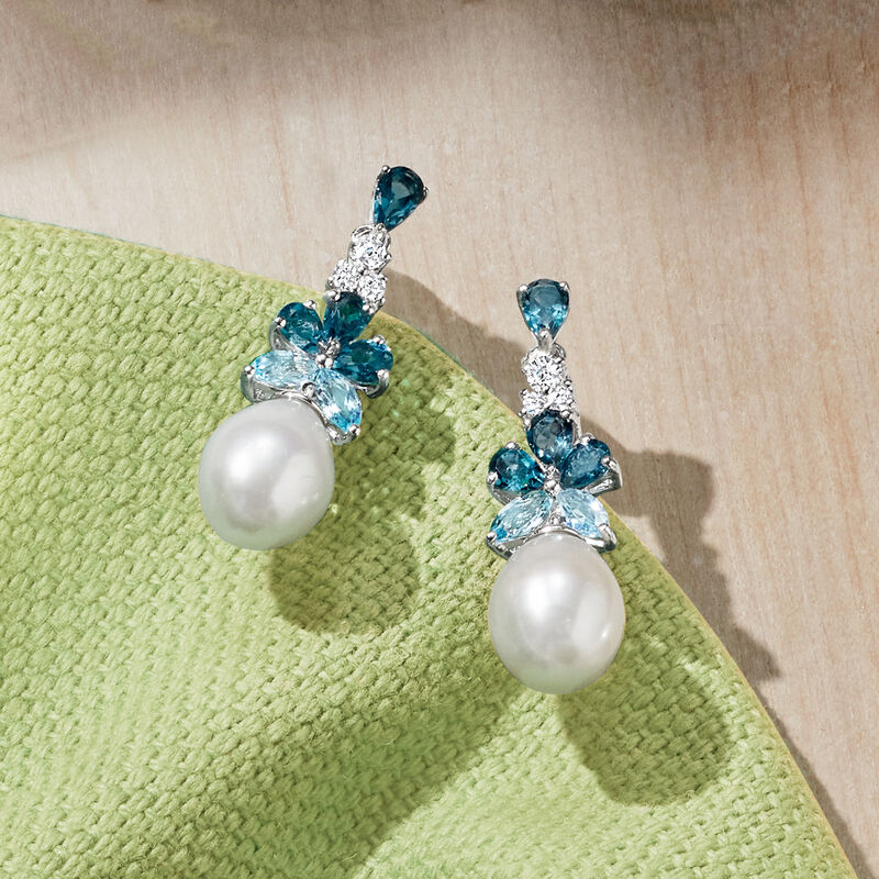 8.5-9mm Cultured Pearl and 2.30 ct. t.w. London, Sky Blue and White Topaz Drop Earrings in Sterling Silver image number 5