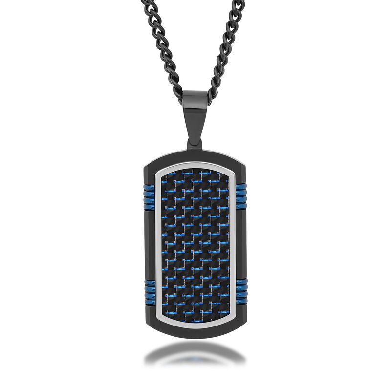 Men's Black and Blue Stainless Steel and Carbon Fiber Dog Tag Pendant Necklace image number 0