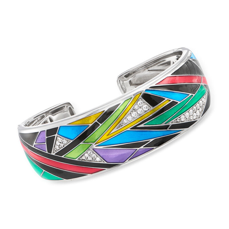 Belle Etoile &quot;Chromatica&quot; Multicolored Enamel and .92 ct. t.w. CZ Cuff Bracelet in Sterling Silver. 7.5&quot; image number 0