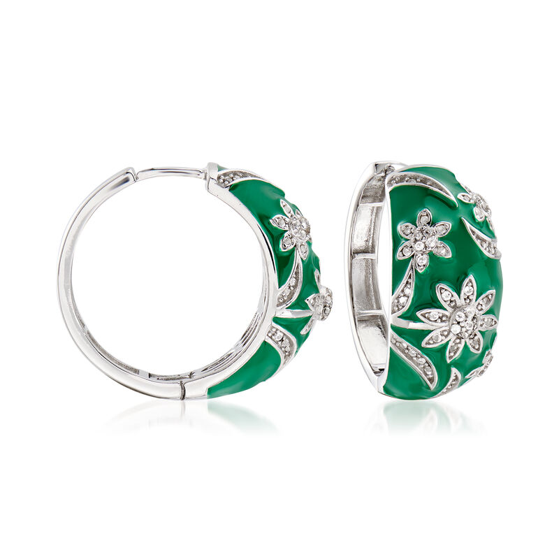 .70 ct. t.w. White Topaz and Green Enamel Flower Hoop Earrings in Sterling Silver. 7/8&quot; image number 0