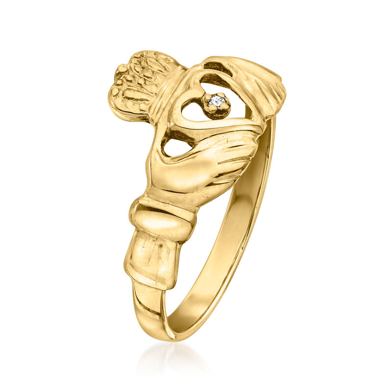 C. 1980 Vintage 10kt Yellow Gold Claddagh Ring with Single Diamond image number 2