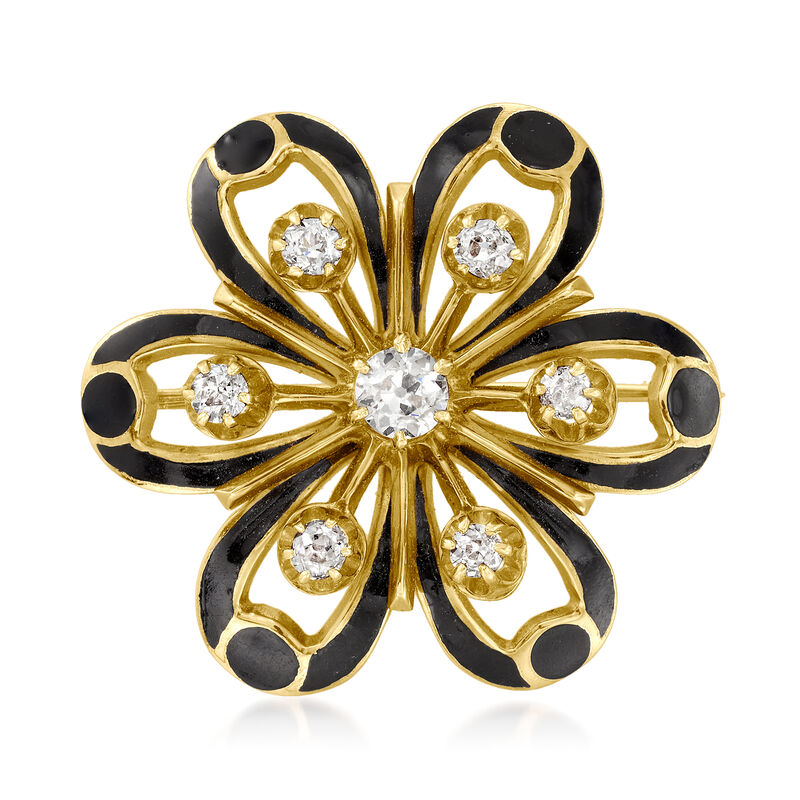 C. 1930 Vintage .75 ct. t.w. Diamond and Black Enamel Flower Pin/Pendant in 14kt Yellow Gold image number 0