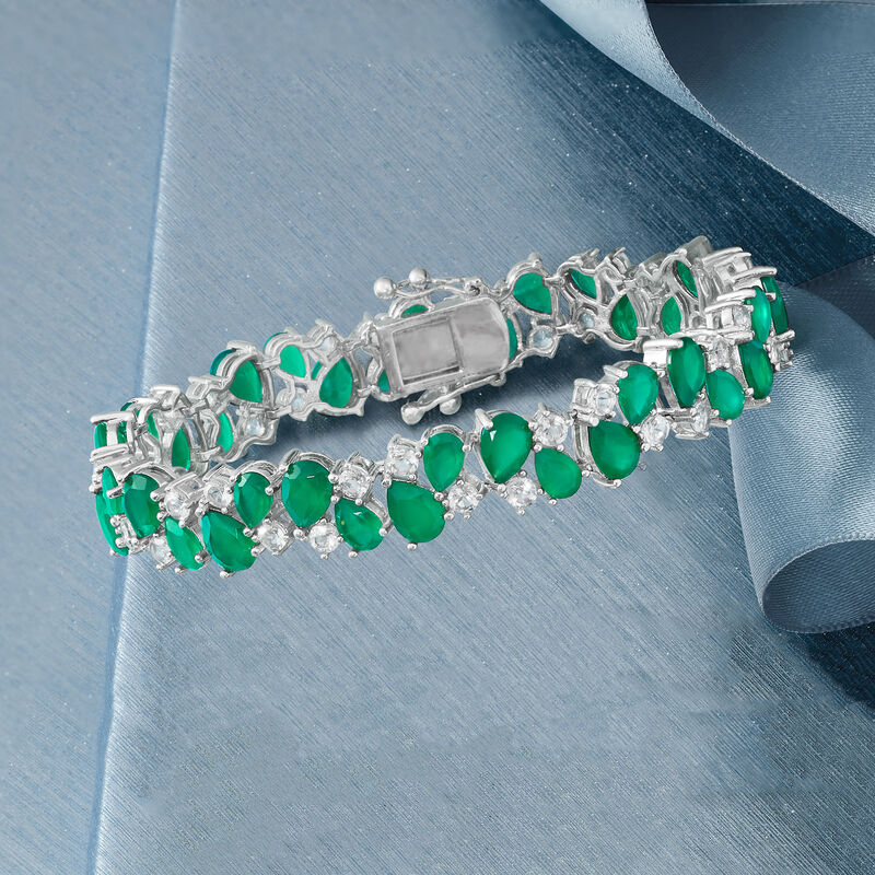 Green Chalcedony and 5.50 ct. t.w. White Topaz Bracelet in Sterling Silver. 7&quot; image number 2