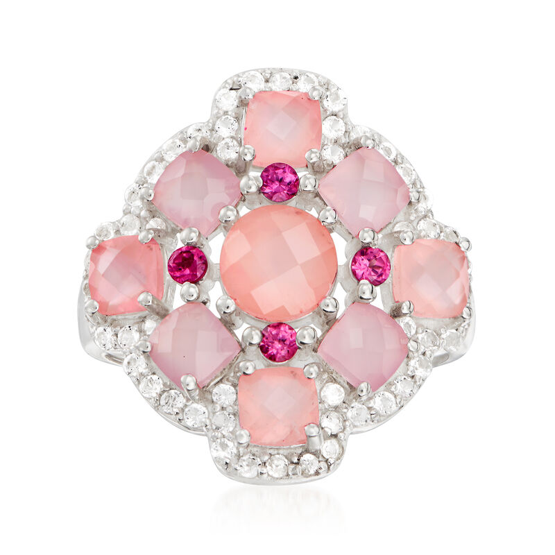 Pink Chalcedony, .50 ct. t.w. White Topaz and .20 ct. t.w. Rhodolite Garnet Ring in Sterling Silver image number 0