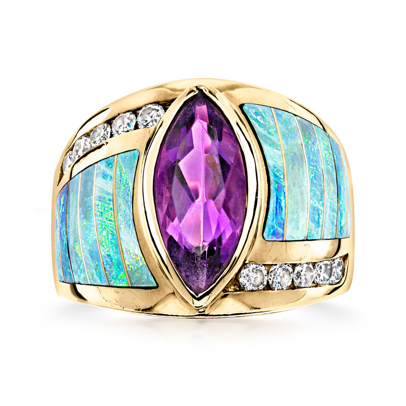 C. 1980 Vintage Opal and 2.25 Carat Amethyst Ring with .40 ct. t.w. Diamonds in 14kt Yellow Gold. Size 7 image number 0
