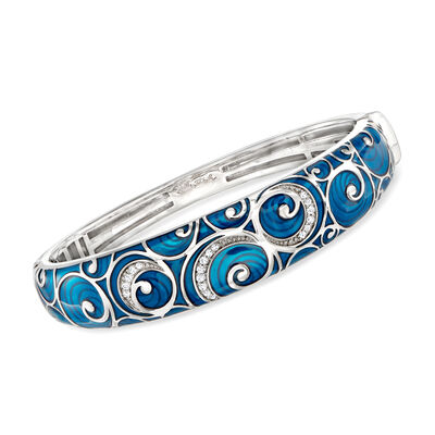 Belle Etoile "Atlantis" Blue Enamel and .10 ct. t.w. CZ Bangle Bracelet in Sterling Silver