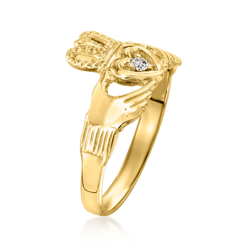 C. 1990 Vintage 14kt Yellow Gold Claddagh Ring with Single Diamond. Size 7 image number 2
