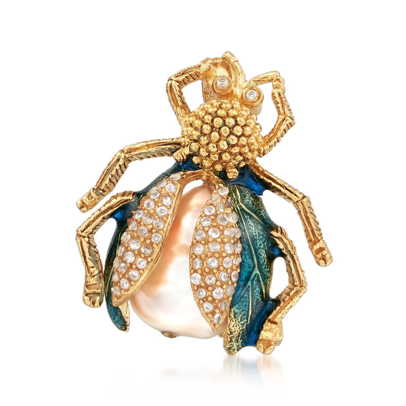 Italian 20x15mm Cultured Baroque Pearl and .30 ct. t.w. CZ Bug Pin in 18kt Gold Over Sterling image number 0
