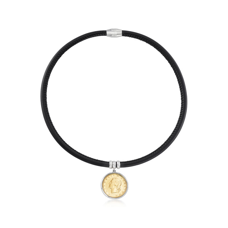 Italian Genuine 20-Lira Coin Charm and Black Leather Bracelet with Sterling Silver image number 4