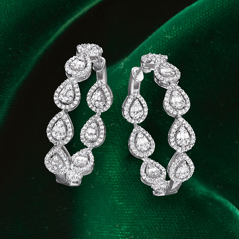 2.25 ct. t.w. Baguette and Round Diamond Hoop Earrings in 14kt White Gold. 1 1/4&quot; image number 3