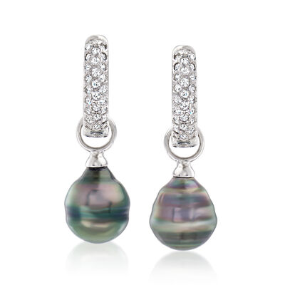 9-10mm Black Cultured Tahitian Pearl and .40 ct. t.w. CZ Hoop Drop Earrings in Sterling Silver
