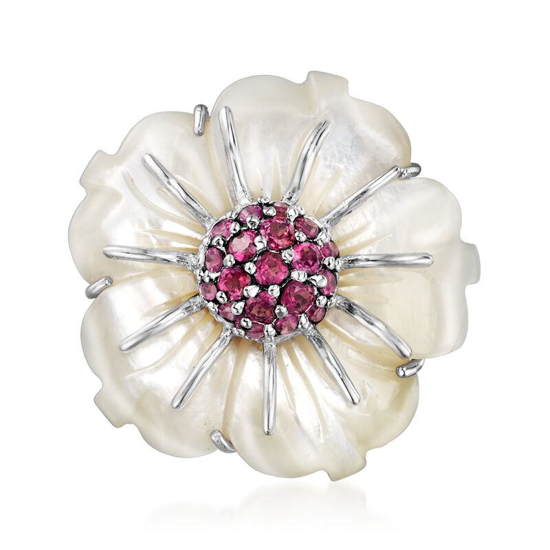 Mother-of-Pearl and 2.00 ct. t.w. Rhodolite Garnet Flower Pin in Sterling Silver image number 0