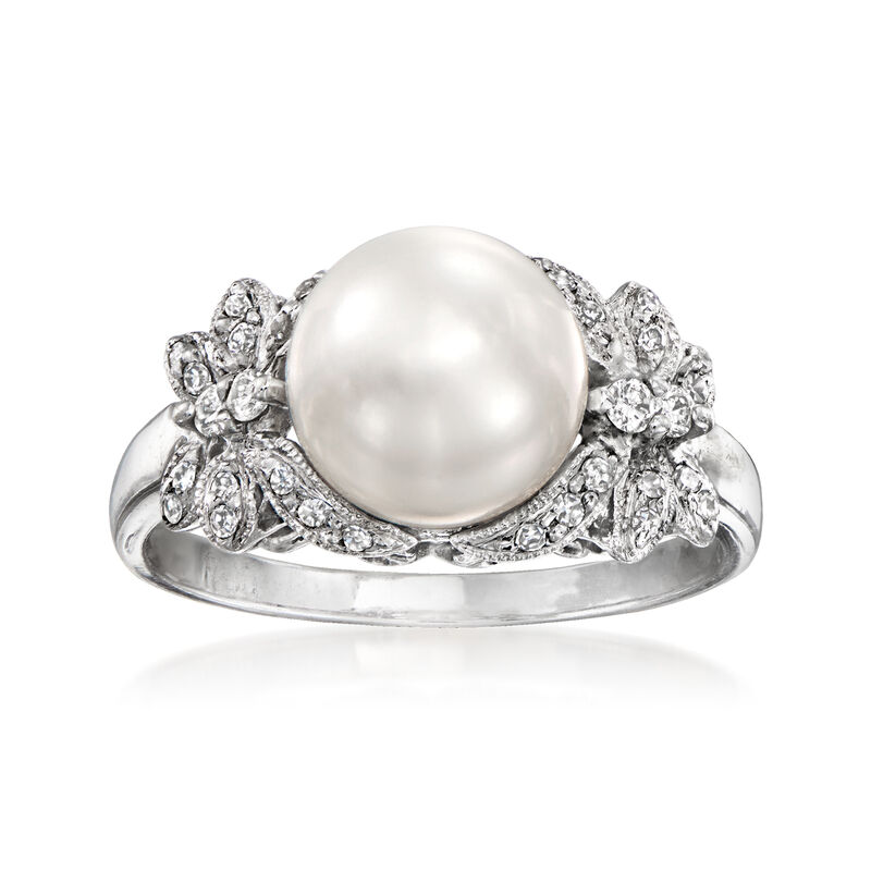 C. 1990 Vintage 8.9mm Cultured Pearl Ring with .22 ct. t.w. Diamonds in 14kt White Gold. Size 7 image number 0
