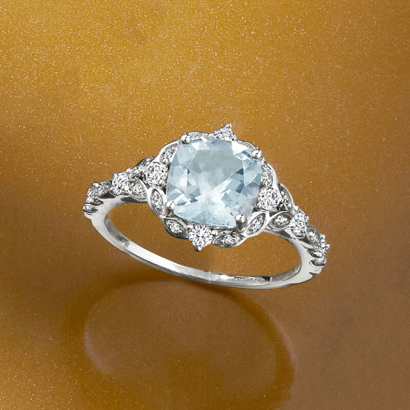 2.10 Carat Aquamarine and .40 ct. t.w. White Sapphire Ring with Diamonds in 14kt White Gold image number 6