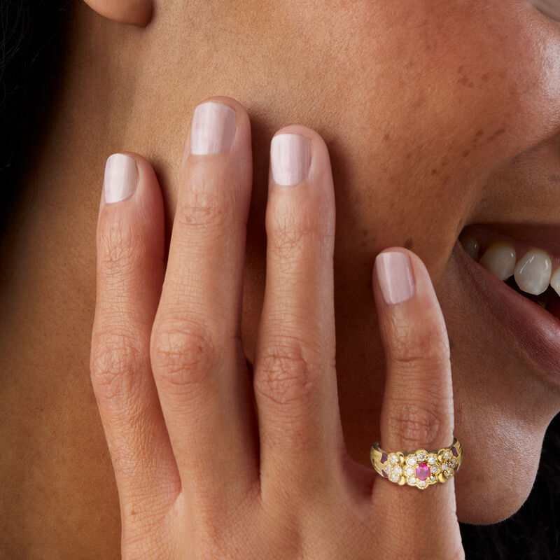 C. 1980 Vintage .50 ct. t.w. Ruby and .48 ct. t.w. Diamond Floral Ring in 18kt Yellow Gold. Size 5.25 image number 1