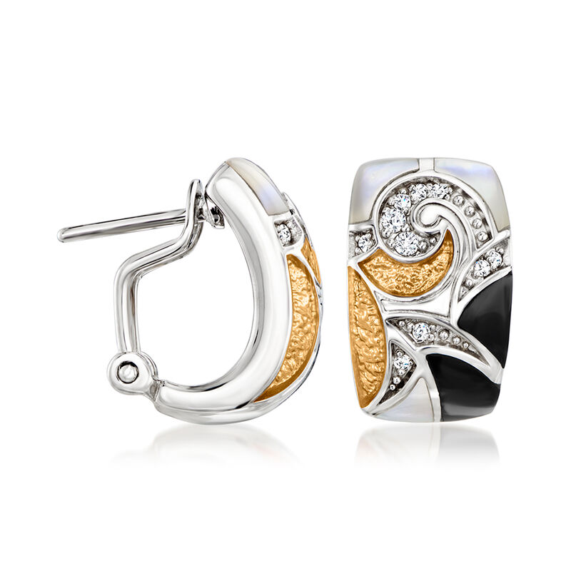 Belle Etoile &quot;Moon River&quot; Mother-of-Pearl and Onyx Earrings with CZ Accents in Two-Tone Sterling Silver  image number 2