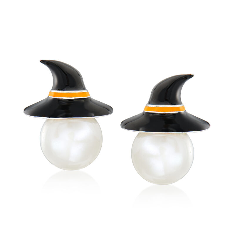 8-8.5mm Cultured Pearl and Multicolored Enamel Witch Hat Earrings in Sterling Silver image number 0