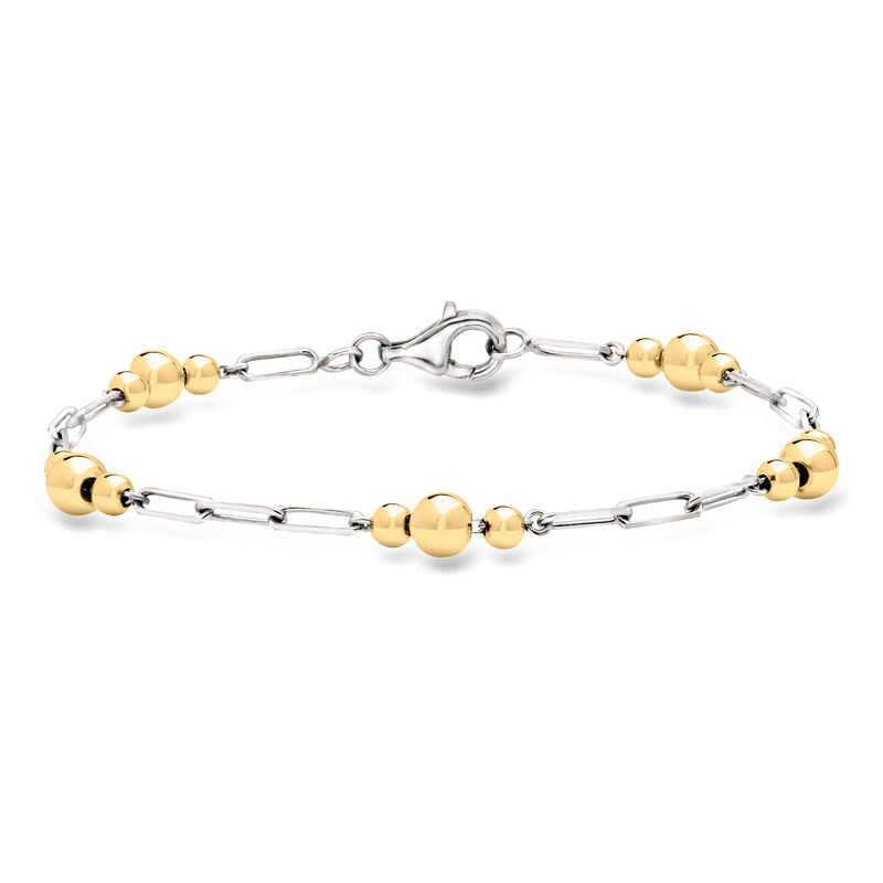 Sterling Silver and 18kt Gold Over Sterling Alternating Paper Clip Link and Bead Station Bracelet image number 0