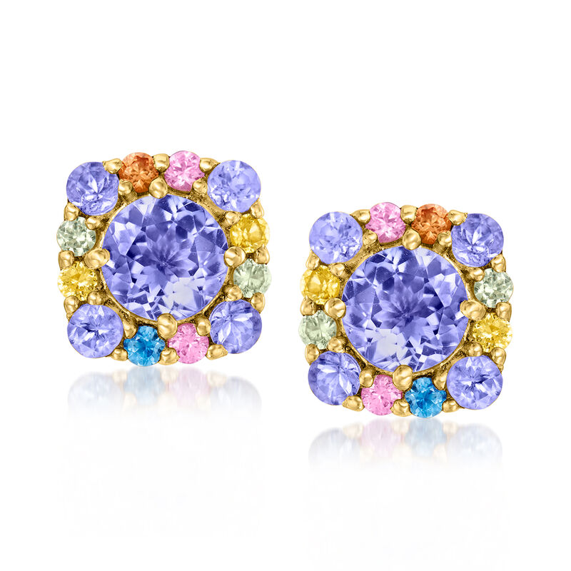 1.30 ct. t.w. Tanzanite and .40 ct. t.w. Multicolored Sapphire Earrings in 18kt Gold Over Sterling. Stud Earrings image number 0