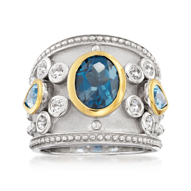 3.70 ct. t.w. London Blue, Swiss Blue and White Topaz Ring in Sterling Silver with 14kt Yellow Gold image number 0