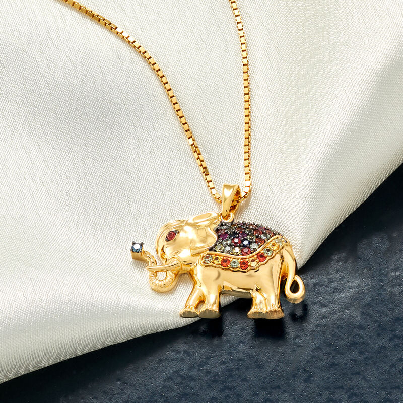 .50 ct. t.w. Multicolored Sapphire Elephant Pendant Necklace in 18kt Gold Over Sterling. 18&quot; image number 2
