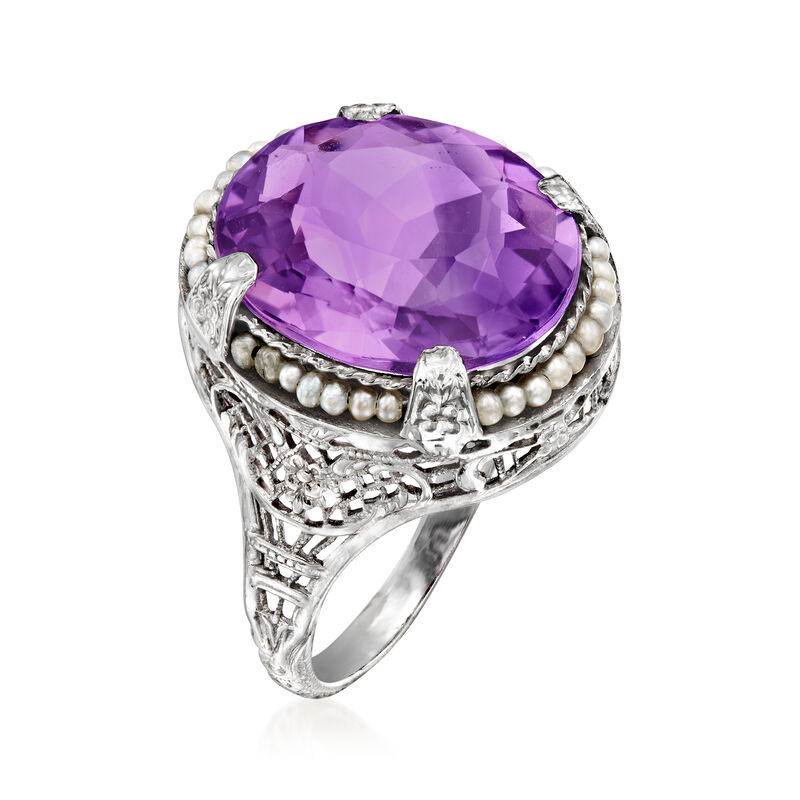 C. 1950 Vintage 6.00 Carat Amethyst Ring with Seed Pearls in 14kt White Gold. Size 6 image number 2