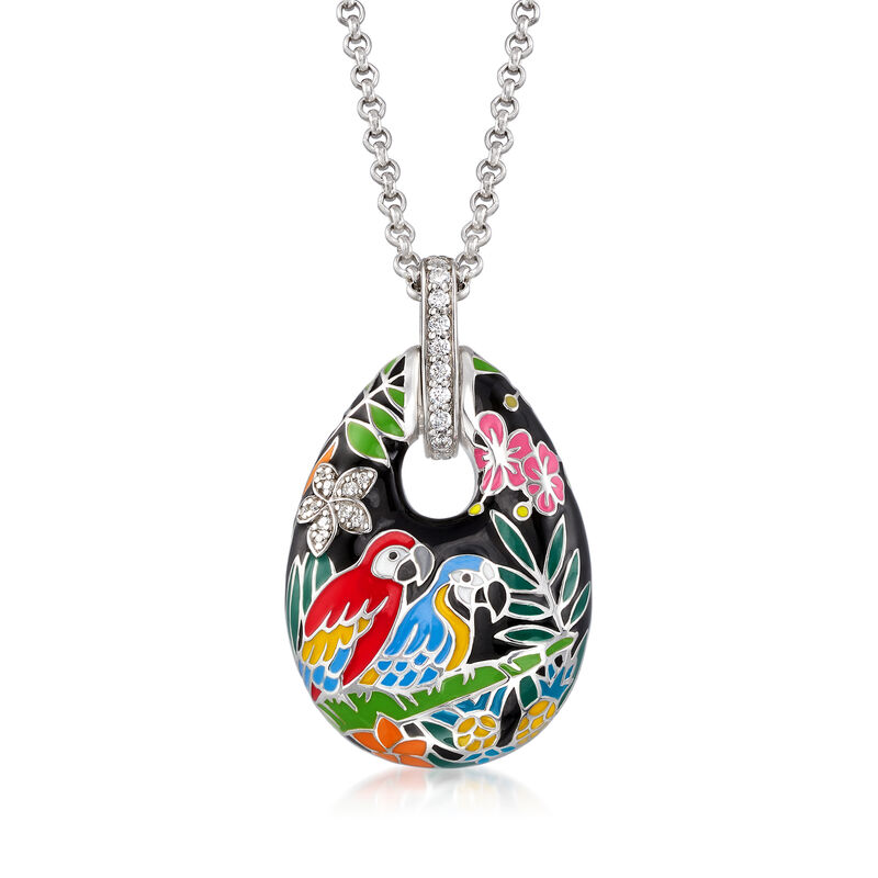 Belle Etoile &quot;Macaw&quot; Multicolored Enamel and .35 ct. t.w. CZ Pendant in Sterling Silver image number 1