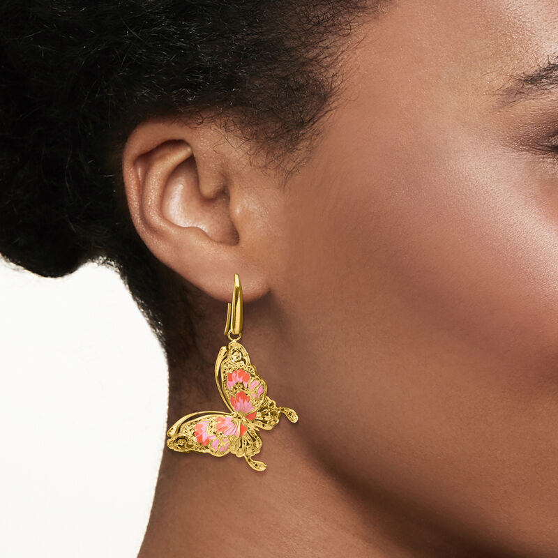 Italian Pink and Orange Enamel Butterfly Drop Earrings in 18kt Gold Over Sterling image number 1