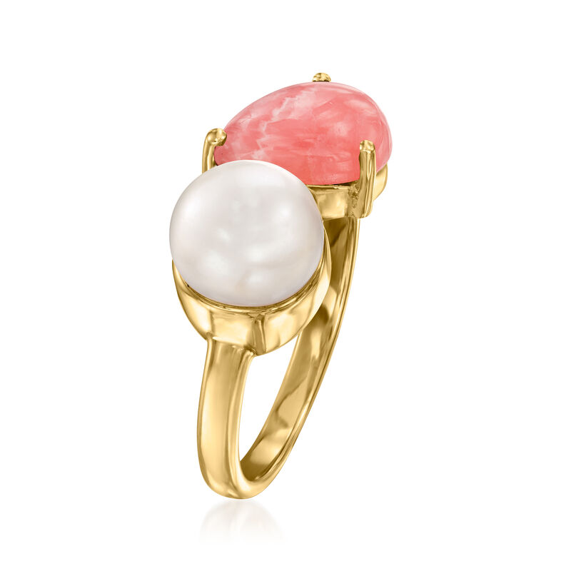 7.5-8mm Cultured Pearl and Pink Rhodochrosite Toi et Moi Ring in 18kt Gold Over Sterling image number 2