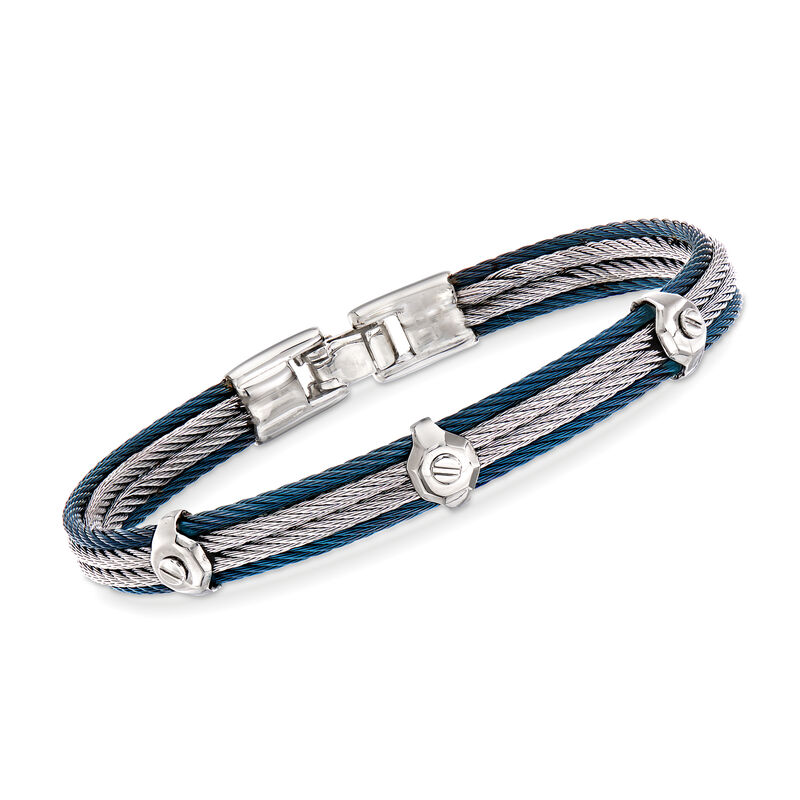 ALOR Men's Gray and Blue Stainless Steel Cable Station Bracelet image number 0