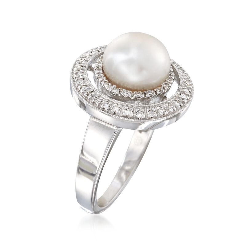 8.5mm Cultured Pearl and .20 ct. t.w. Diamond Double Halo Ring in 14kt White Gold  image number 2