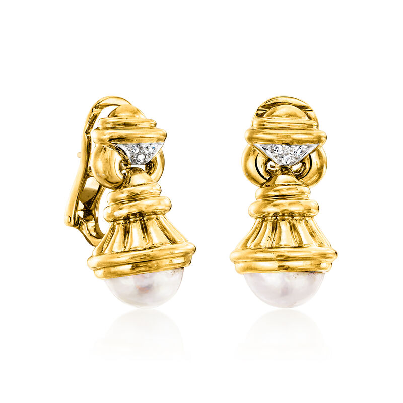C. 1990 Vintage 11mm Mabe Pearl and .10 ct. t.w. Diamond Drop Earrings in 18kt Yellow Gold.  image number 2