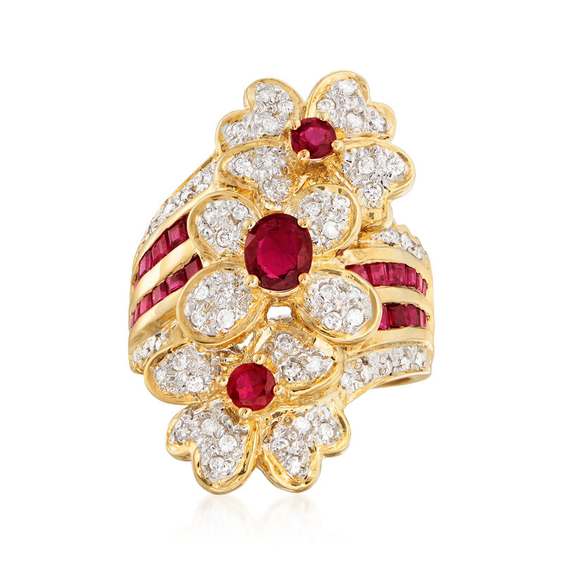 C. 1980 Vintage 1.85 ct. t.w. Ruby and .32 ct. t.w. Diamond Flower Ring in 18kt Yellow Gold. Size 7 image number 0