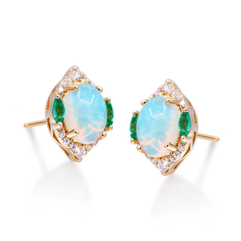 Ethiopian Opal Earrings with .29 ct. t.w. Diamonds and .20 ct. t.w. Emeralds in 14kt Yellow Gold  image number 4