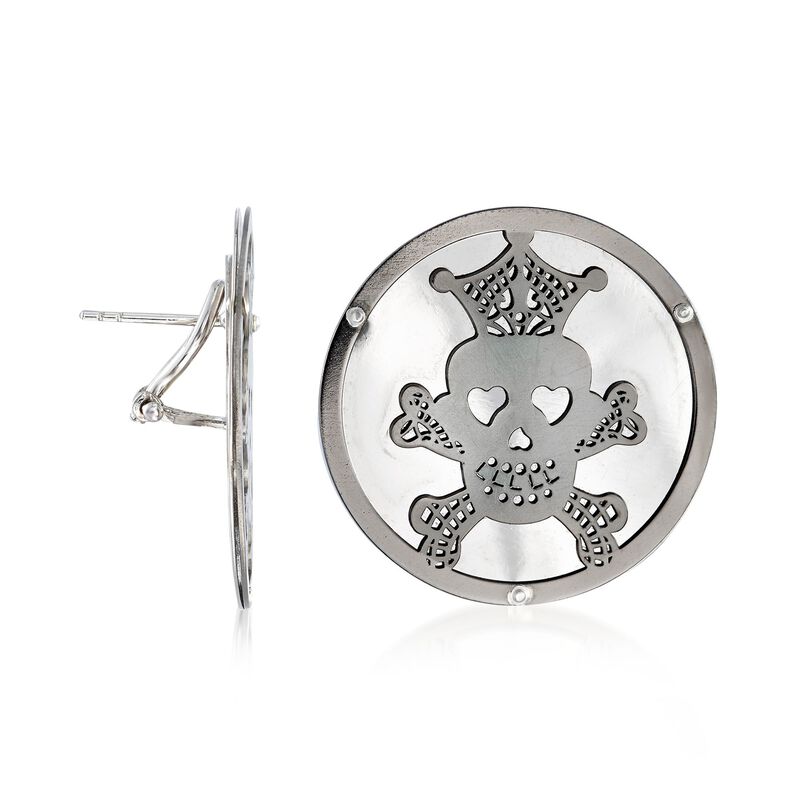 Italian Sterling Silver Skull and Crossbones Disc Earrings image number 2
