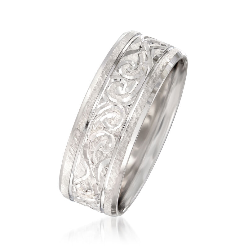 Men's 8mm 14kt White Gold Engraved Swirl Wedding Band image number 1
