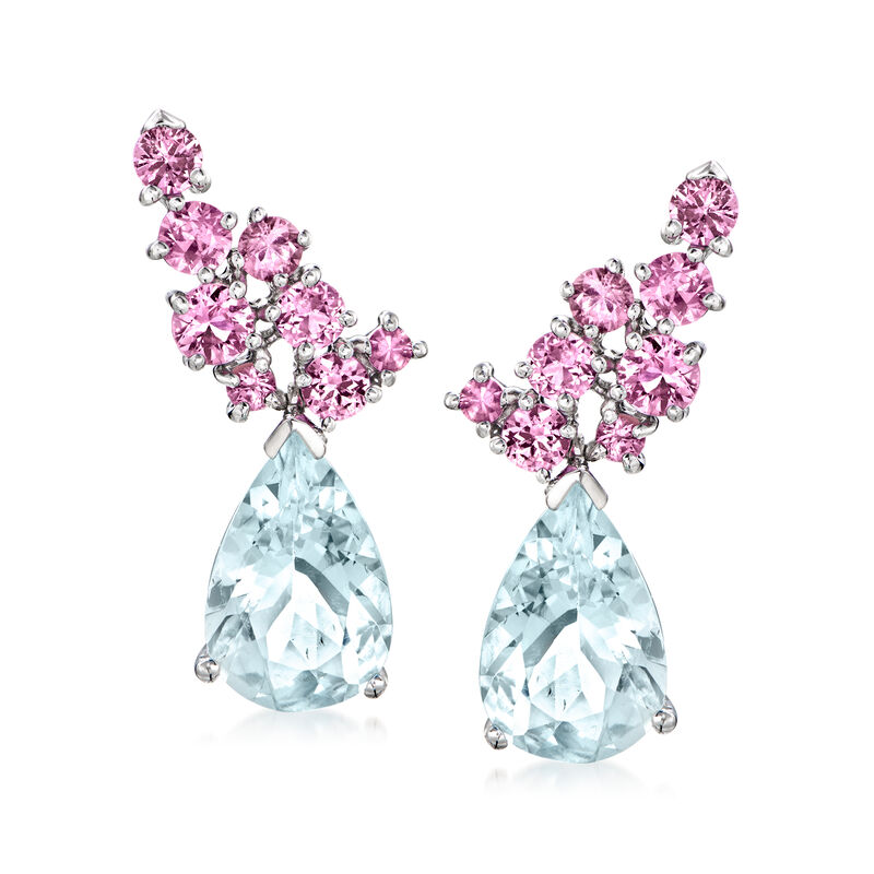 6.00 ct. t.w. Aquamarine and 2.00 ct. t.w. Pink Sapphire Drop Earrings in 14kt White Gold  image number 0