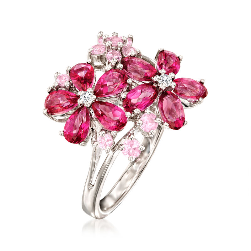 3.23 ct. t.w. Multi-Gemstone Flower Ring with Diamonds in Sterling Silver image number 2